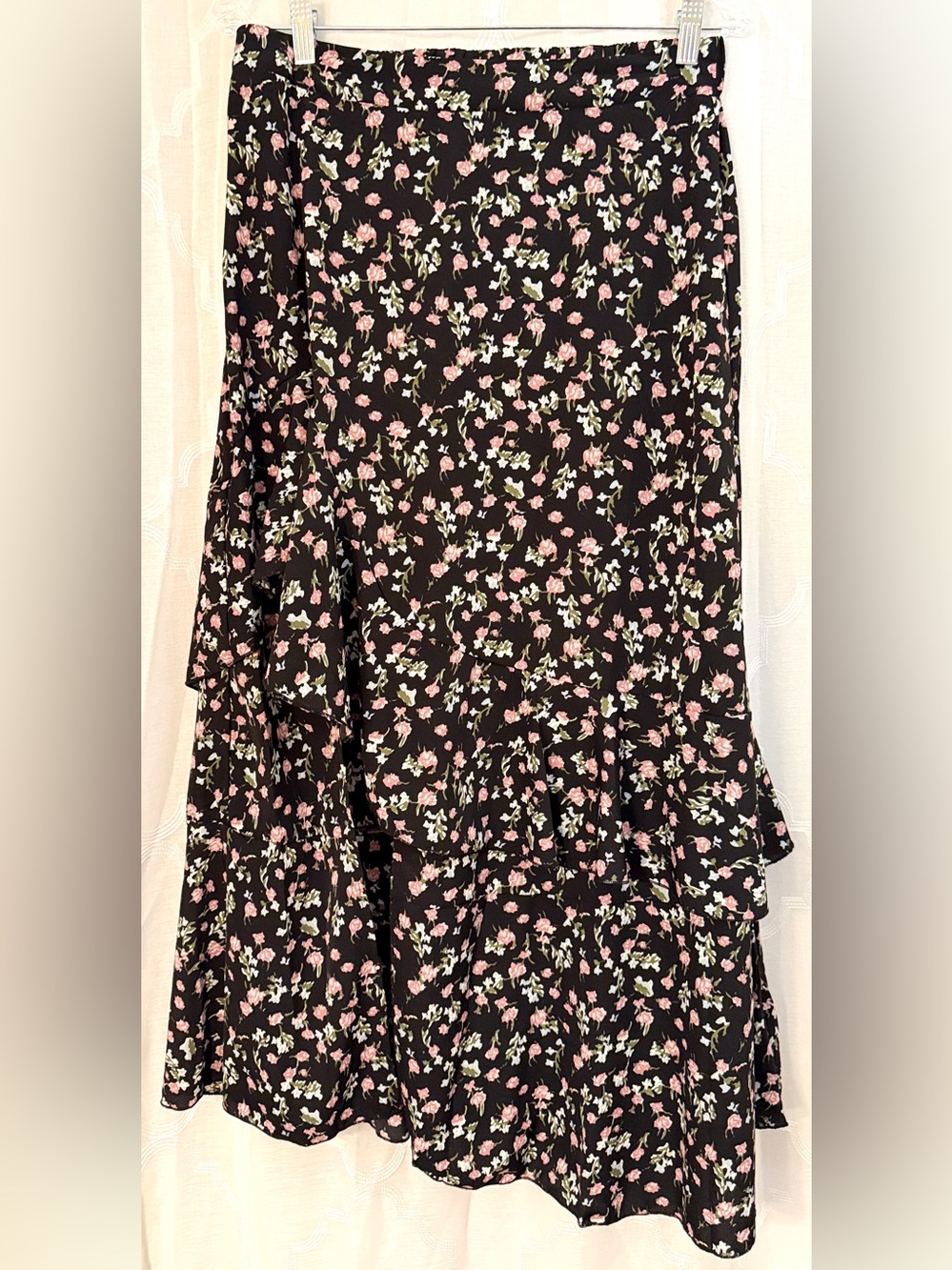 BTFBM Black Floral Wrap Midi Skirt Ruffle Hem Boho Romantic Size Large - Picture 9 of 13